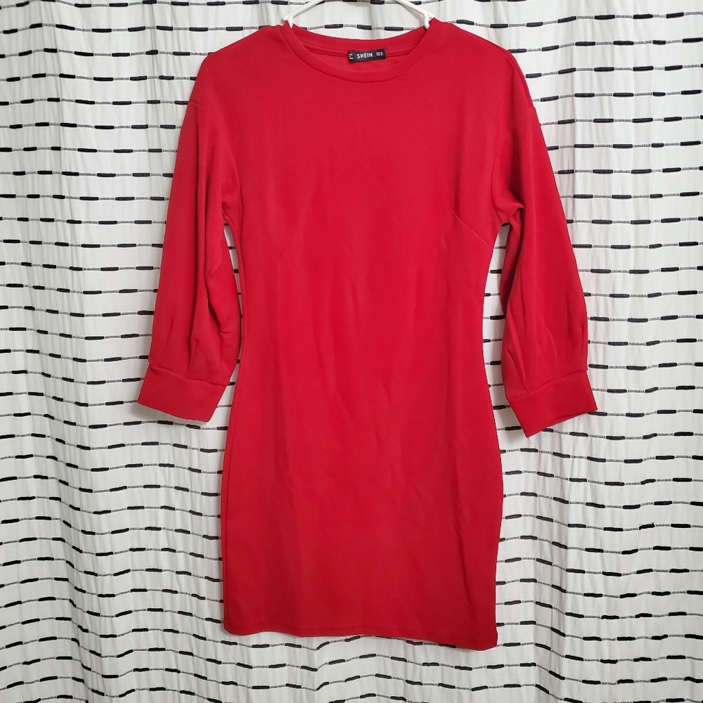 Shein Red Puff Sleeve Fitted Dress